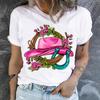 Polyester 100% Cowgirl Hat & Roses Print T-Shirt T-shirt - Casual Crew Neck Short Sleeve T-shirt, Knit Graphic Women Clothes Summer