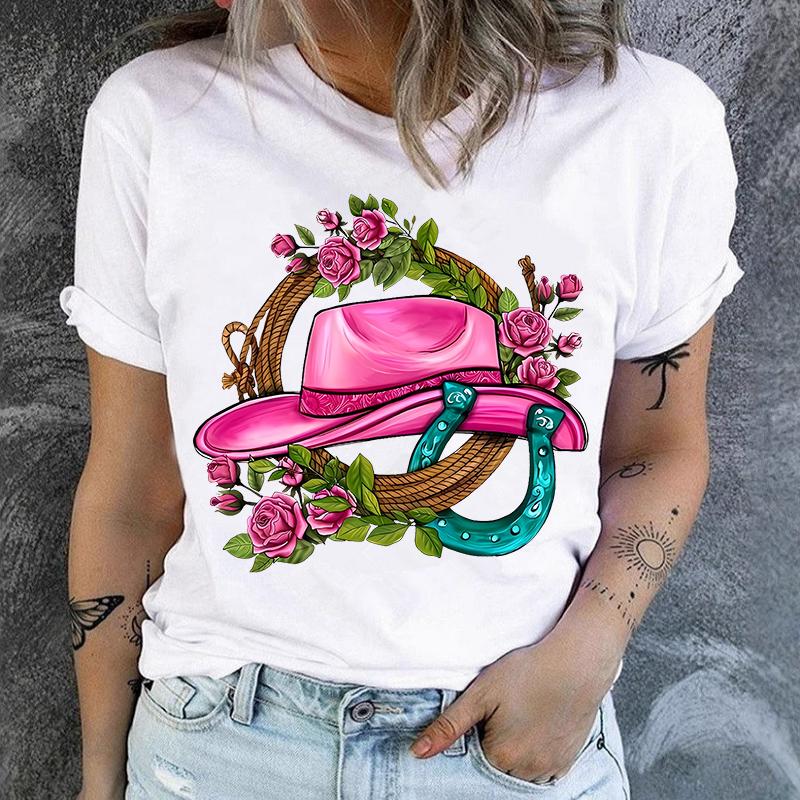 Polyester 100% Cowgirl Hat & Roses Print T-Shirt T-shirt - Casual Crew Neck Short Sleeve T-shirt, Knit Graphic Women Clothes Summer