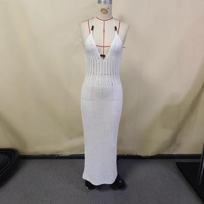 Neues Damen-Strickkleid für den Frühling mit hohlem Muster, sexy V-Ausschnitt und Neckholder-Trägern