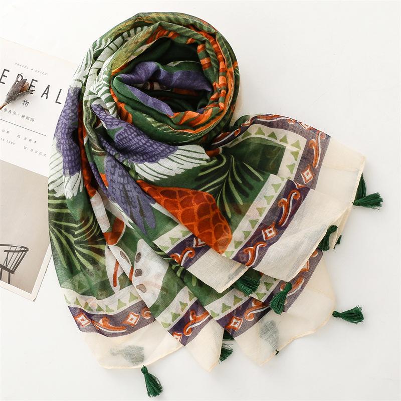 Ladies Scarf Thin Silk Scarf Spring Summer Tropical Plants Flowers Bugs Birds Bali Yarn Women Tassel Shawl