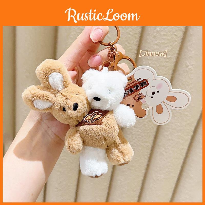 Plush Whimsical Doubleheaded Milk Tea Bear And Bunny Keychain With Cute Colors