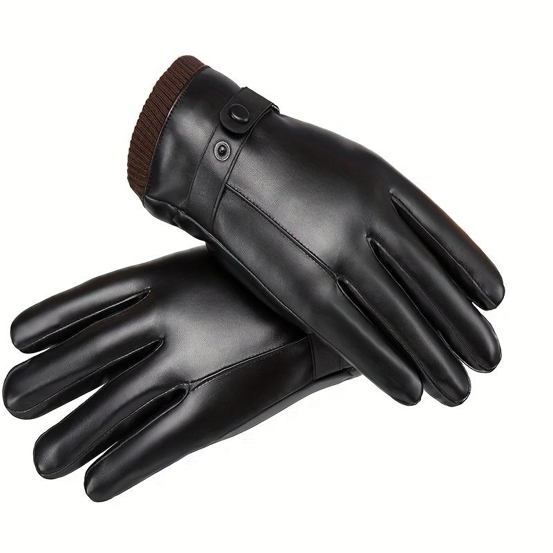 WTEMPO 1 Pair of PU Metal Buckle Touch Screen Cashmere Warm Men's Cold-proof Full Finger Gloves Korean Outdoor Riding Cycling Winter Leather Gloves