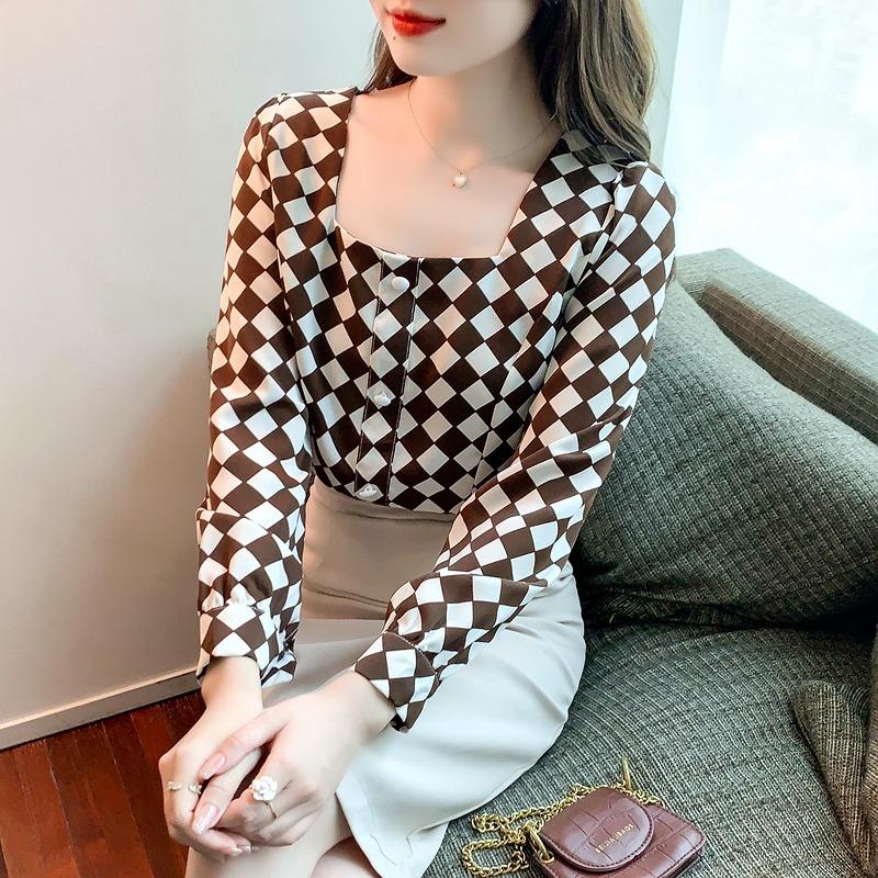 Temperament Square Neck Long Sleeve Retro Casual Shirt Women Fashion Tops Button Up Elegant Loose Blouse for Women Simple Slim Fit Shirts Woman 26350