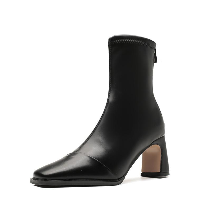 French square head retro short boots femininity versatile thick heel back zipper autumn and winter thin Martin boots elastic thin boots