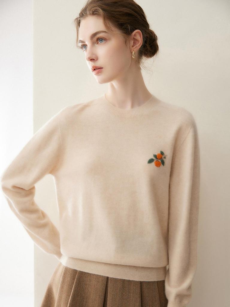Women's 100% Pure Cashmere Embroidered Round Neck Sweater - Loose Fit Knitwear for Autumn & Winter
