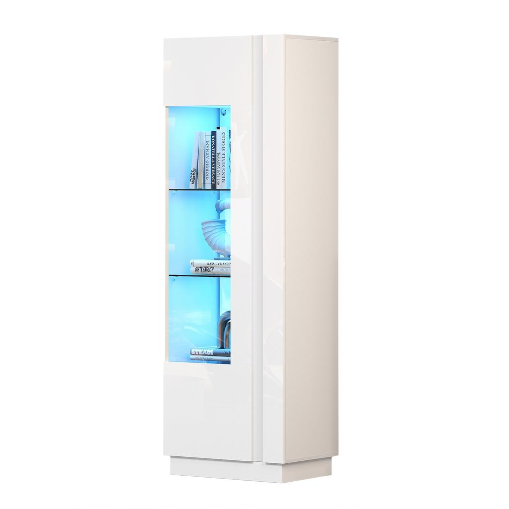 Armadio 60*40*180cm, Vetrina con Porta in Acrilico, Armadio di Stoccaggio Lucido con Illuminazione LED, 3 Ripiani in Vetro, Bianco
