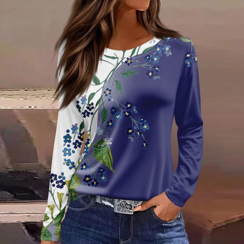 Autumn Women's T-shirt 3D Floral Butterfly Print Fashion Long Sleeve Round Neck Regular Tops Holiday Weekend Spring and Autumn Clothing