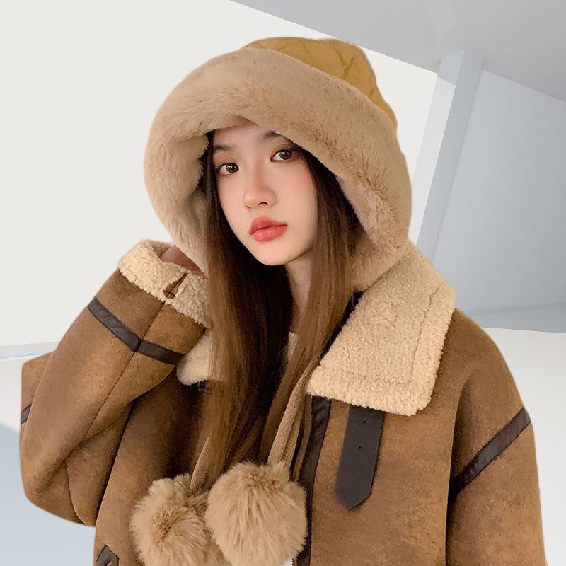Winter Women's Cute Korean Style Fleece-Lined Thickened Warm Plush Earflap Cold-Resistant Down Cycling Hat
