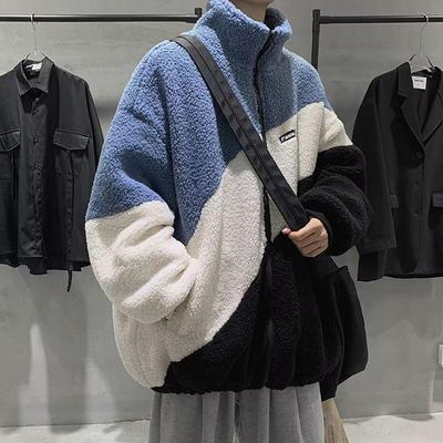 Men's Korean Style Lambskin Jacket with Contrast Color, Thick and Warm, Plus Size, Autumn/Winter Trendy Cotton Coat.