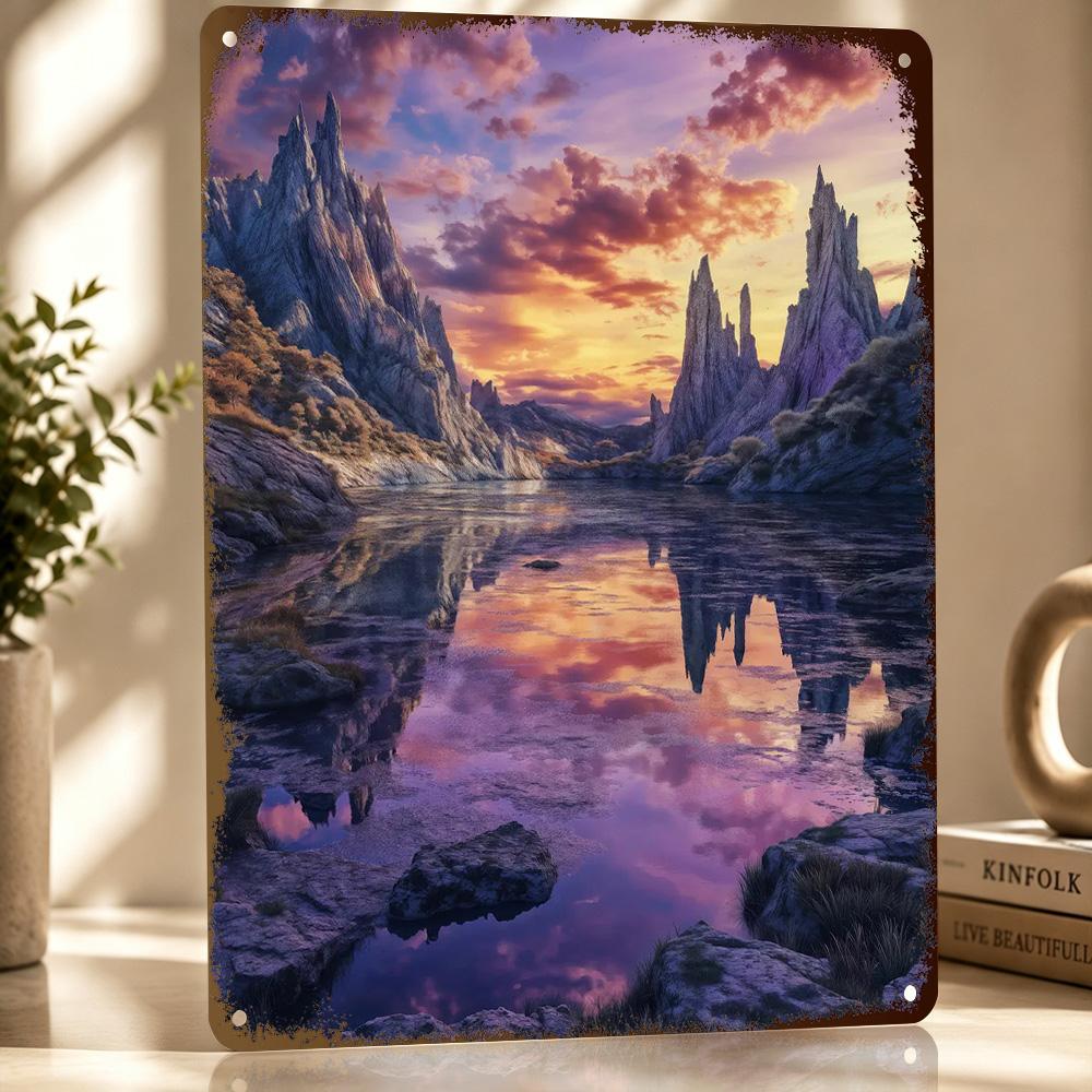 Fantasy Mountain Lake D Texture Printed Poster Custom Vintage Metal Tin Plate Sign for Wall Art Decor Luxury Article Decoration