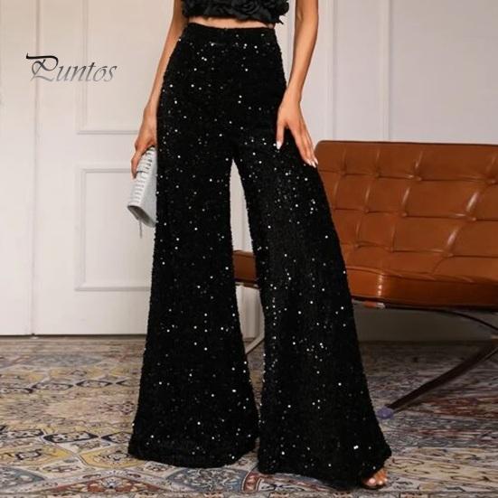 Women Casual Pants Elastic High Waisted Wide Leg Trousers Sparkling Leisure Design Sequin Parties Vacation Streetwear Soft