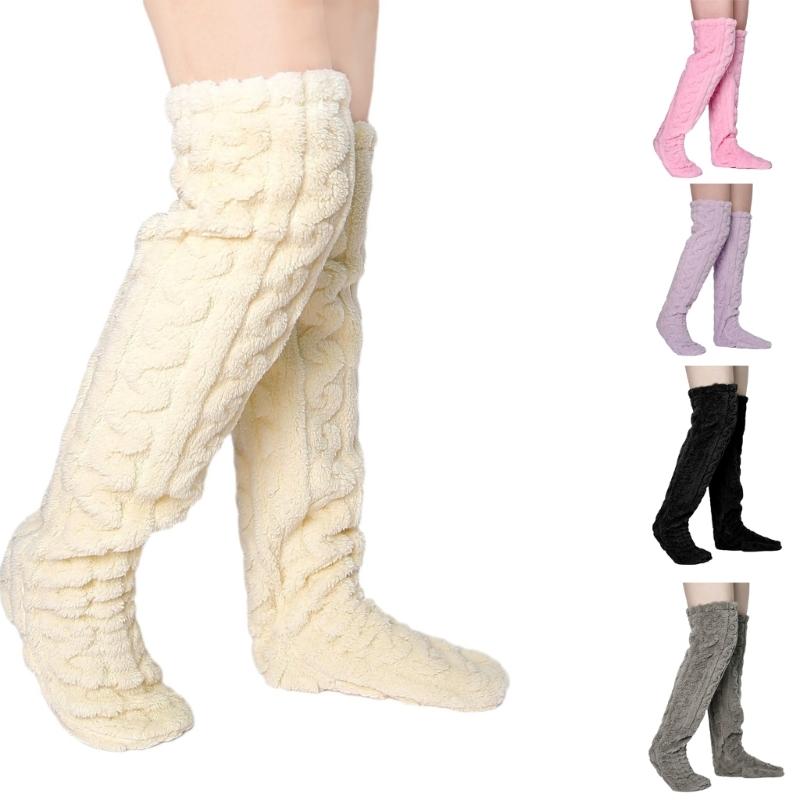Women Furry Thigh High Slipper Socks Solid Color Cable Pattern Fleece Fuzzy Over Knee Stockings Winter Warm Leg Warmers