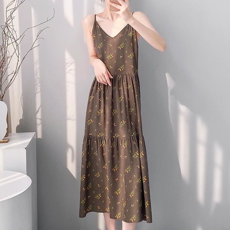 Printed women's cotton and silk nightgown large size sweet floral pajamas sleeveless loungewear summer thin can be worn outside
