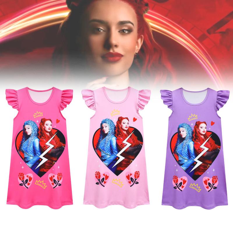 Charming New Kids Flying Sleeve Dress Descendants 4 Halloween Girl's Nightgown With Milk Silk Fabric Ideal For Summer Wear