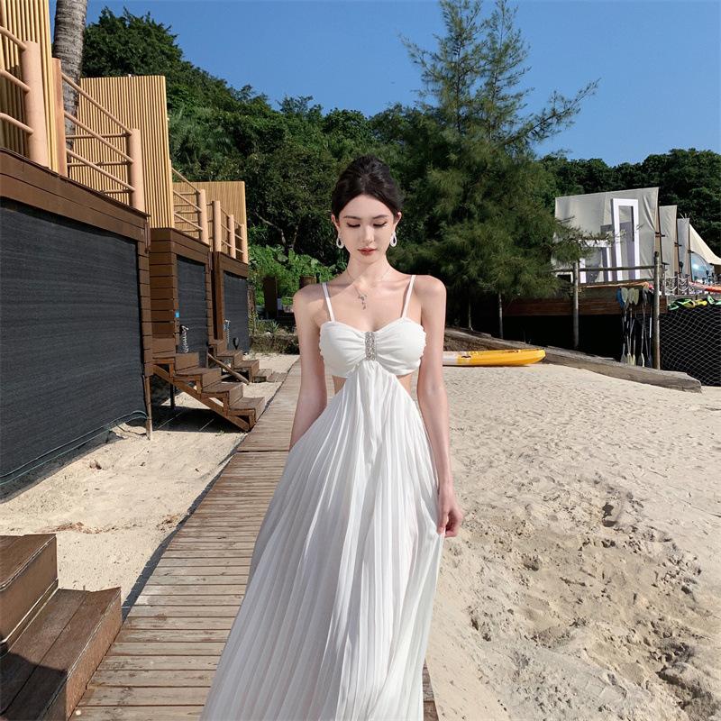 Heavy Industry Diamond Ornament Tube Top Suspender White Hollow Pleated Floor Mopping Dress Venus Dress Vacation Dress