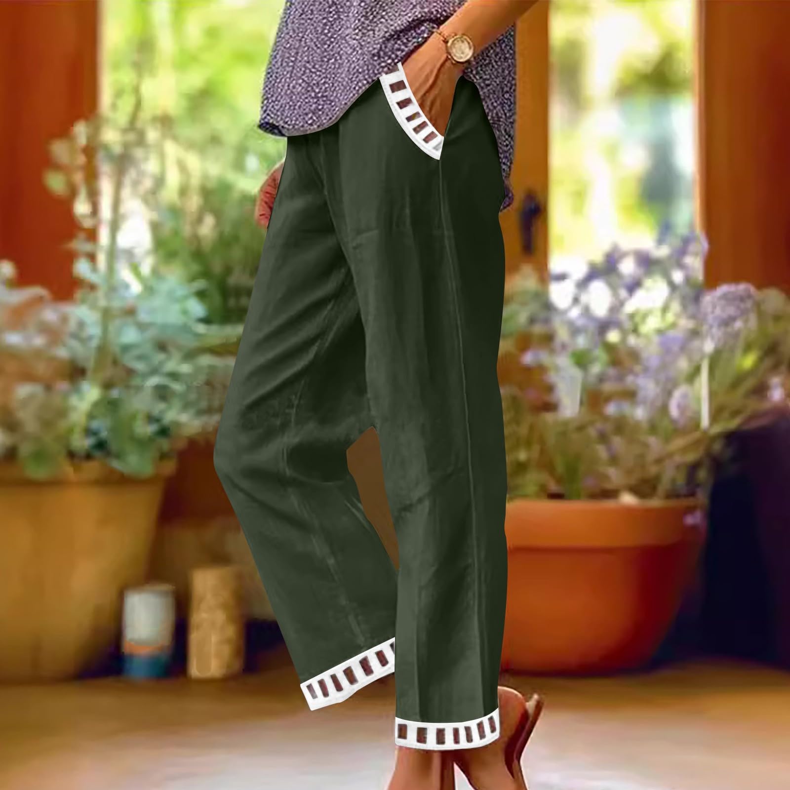 Women s Fashion Color Pocket Elastic Waist Versatile Cotton Lace Casual Sports Pants L