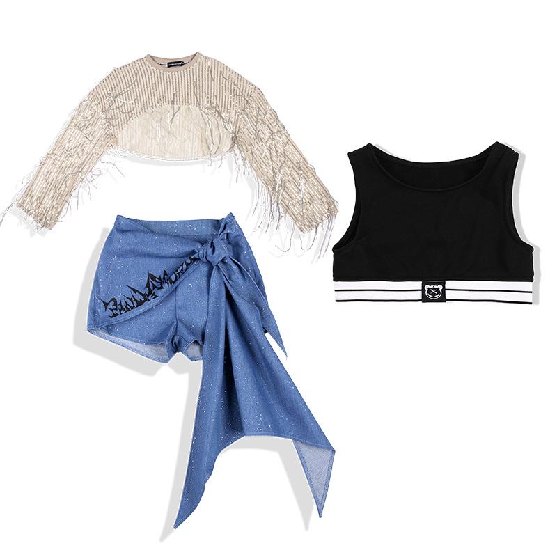 Girls' Sequin Tassel Jazz Dance Outfit - Mesh Long Sleeve & Pants Set for Street & Performance
