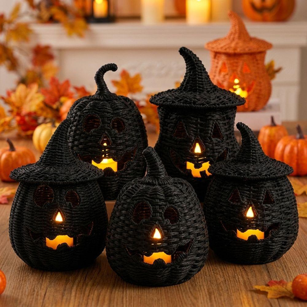 Vintage Resin Pumpkin Lantern with Witch Hat Pumpkin Candle Holder Living Room Use