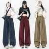 Womens High-Waisted Wide-Leg Straight Trousers Cotton Washed Fabric Loose Fit Casual Pants 2026