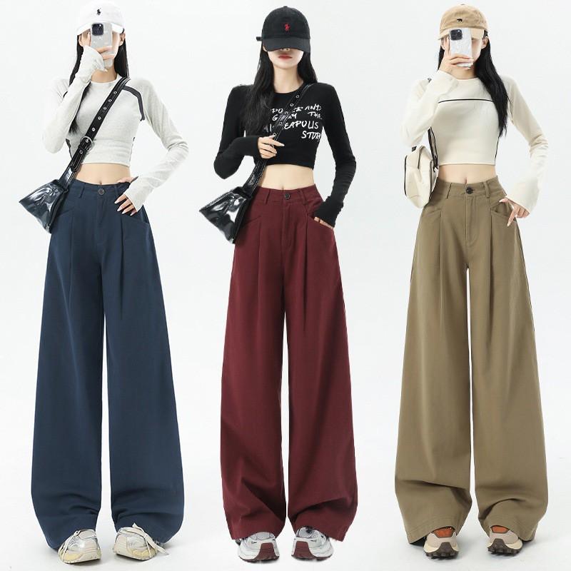 Womens High-Waisted Wide-Leg Straight Trousers Cotton Washed Fabric Loose Fit Casual Pants 2026