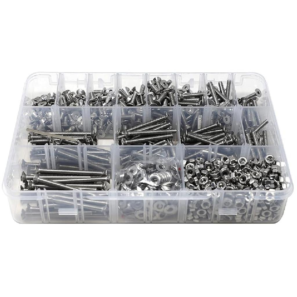 iExcell 1500 Pcs M3 x 4/6/8/10/12/16/20/25/30/35/40/45/50 Stainless Steel 304 Hex Socket Flat Head Cap Screws Blots Nuts Washers Assortment Kit