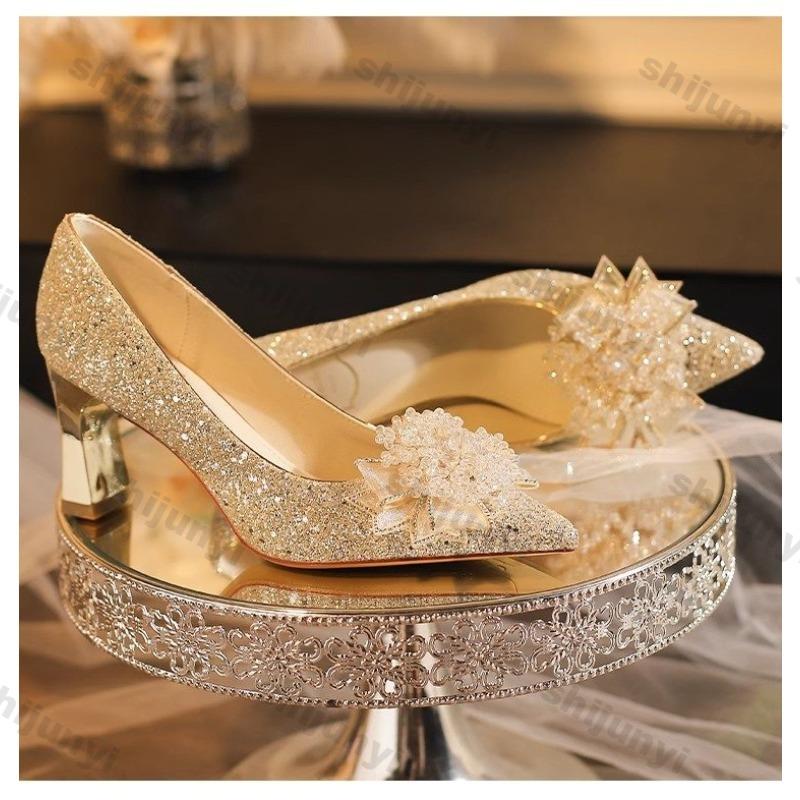 Fashion Rhinestone Women Shoes 2025 Spring Summer New Sequined Large Size Flowers High Heels Fashion Breathable Pointed Toe Bridal Shoes