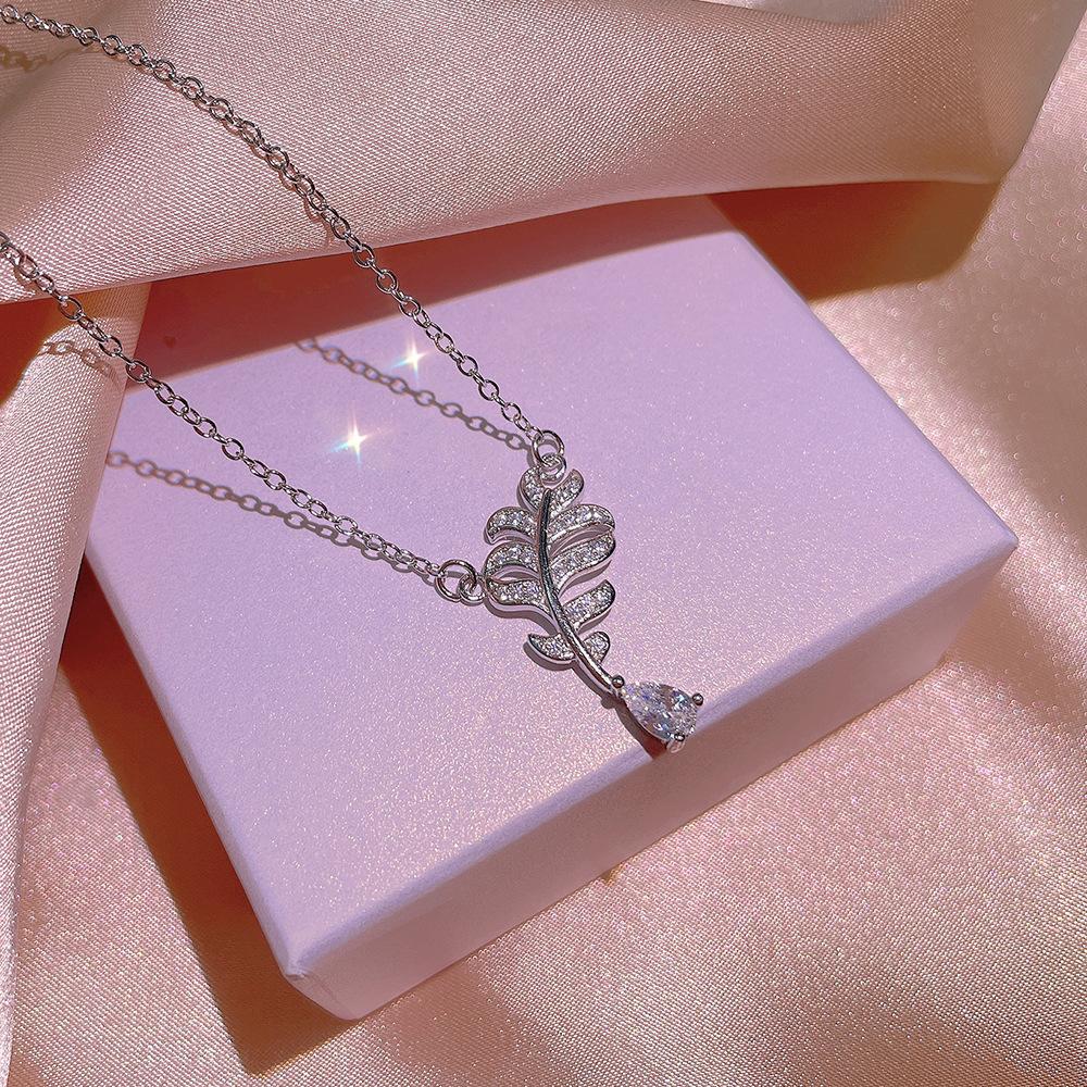 Sterling Silver High Quality Feather White Zircon Clavicle Chain Necklace Female Simple Earrings Ring Jewelry Set