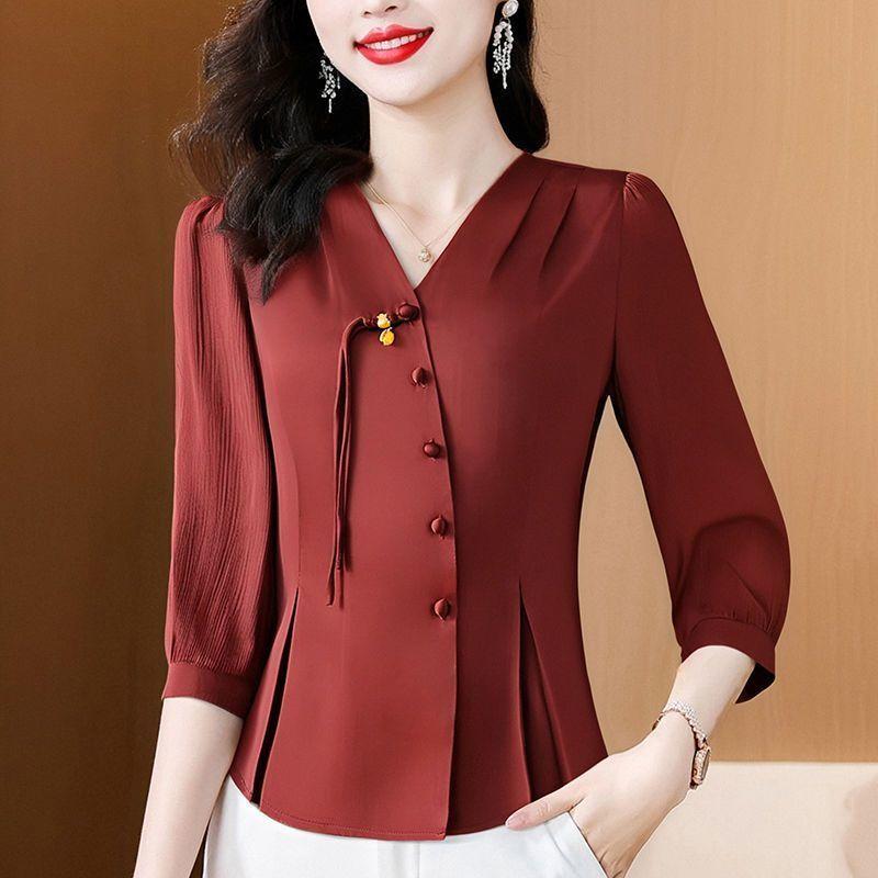 Women s Spring Autumn Burgundy V-neck Sleeve Button Down Blouse Elegant Top XL красный