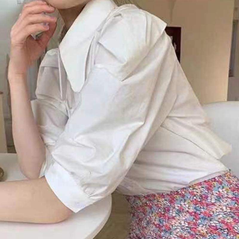 Women's Bubble Sleeve Shirt Solid Color Single Breasted Turndown Collar Ladies Shirts Spring Summer Versatile Famale Thin Blouses