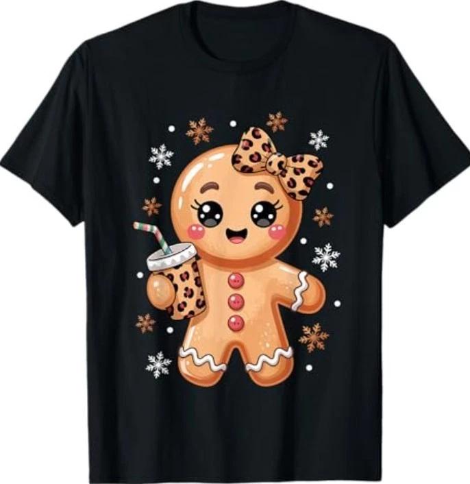 Cute Gingerbread Leopard Coquette Bow Christmas Gingerbread T-Shirt M