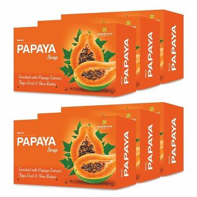 Morvin Papájové mýdlo na koupání pro odstranění tmavých skvrn a akné - Obohaceno o papájový extrakt Bambucké máslo – (75 g, Balení po 6)