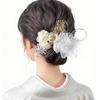 [Handmade by NANA] Hair Ornament - Dahlia, Japanese Ball, Gold, Artificial Flowers, Baby's Breath, Hydrangea, Mizuhiki Leaves - Perfect for