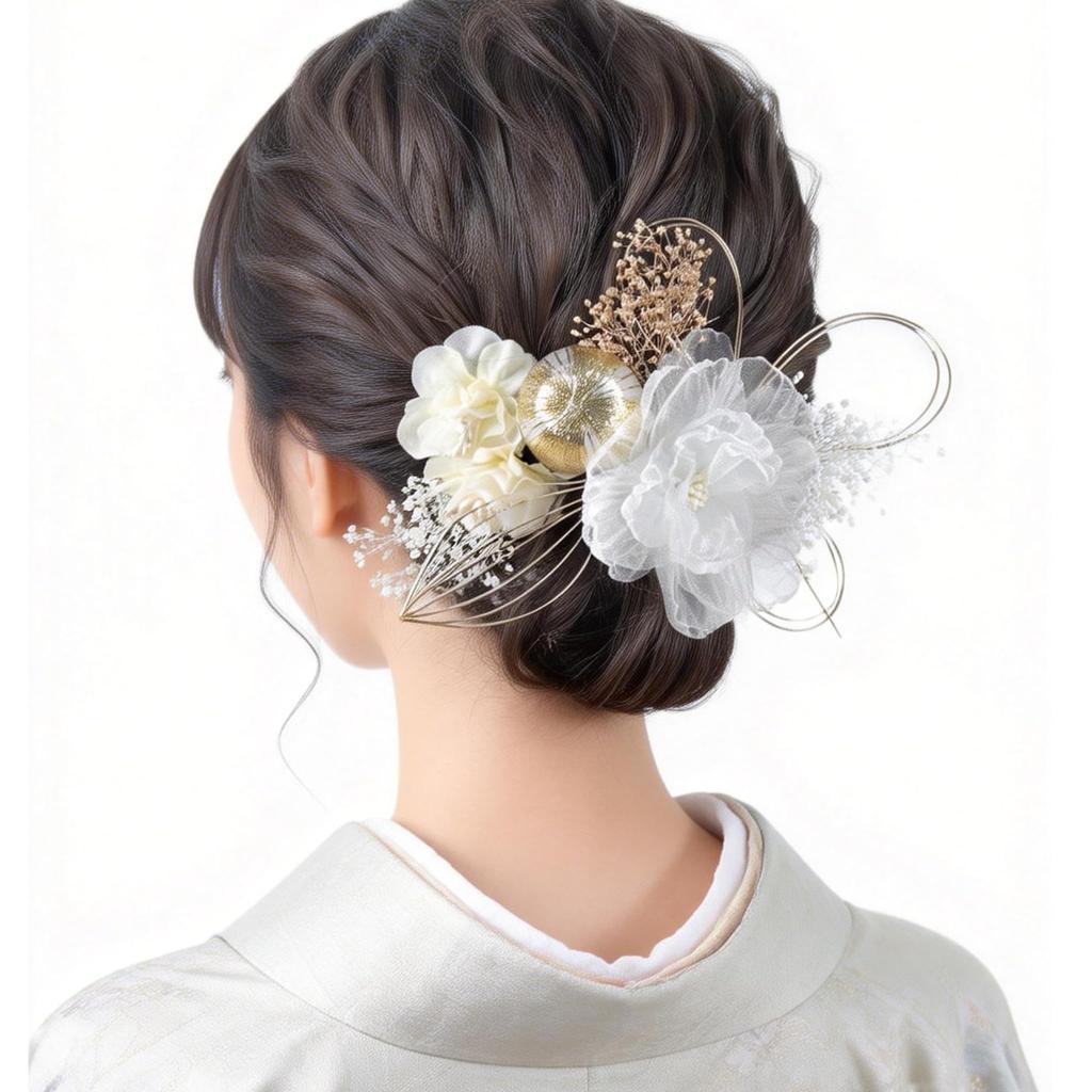 [Handmade by NANA] Hair Ornament - Dahlia, Japanese Ball, Gold, Artificial Flowers, Baby's Breath, Hydrangea, Mizuhiki Leaves - Perfect for