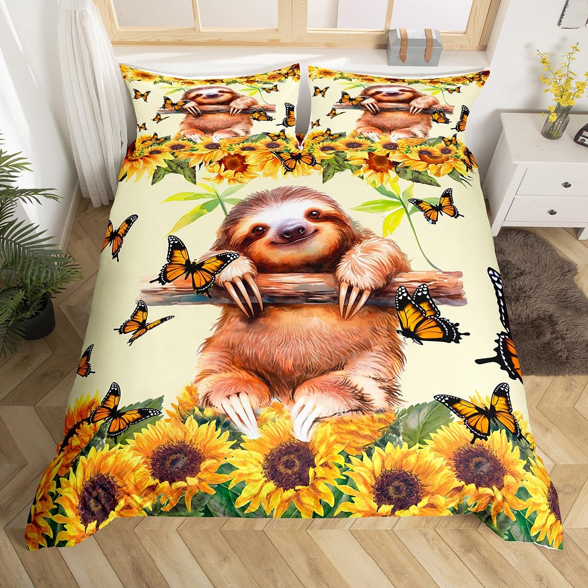 

Cute Sloth Duvet Cover Watercolor Floral Bedding Set Lovely Jungle Animal Comforter Cover Twin King Kawaii Sloth Bedspread Cover EU Single(135x200cm)