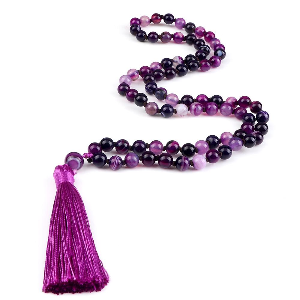European 8mm Stone Bead Tassel Necklace and Multi-Strand Buddhist Bead Bracelet