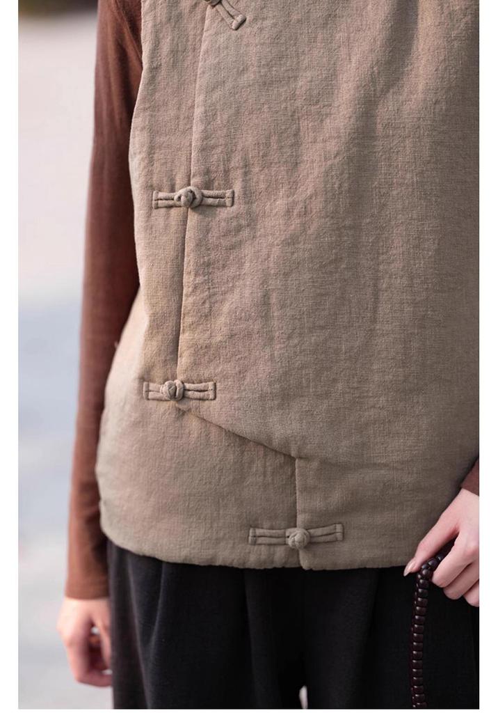 Women's 2025 Winter Ethnic Style Retro Cotton Vest with Stand Collar and Handmade Frog Buttons