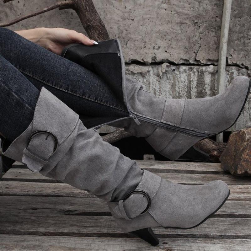 Women's Suede Mid-Calf Boots, Buckle Detail High Heel Ankle Boots, European Style Winter Booties for Women