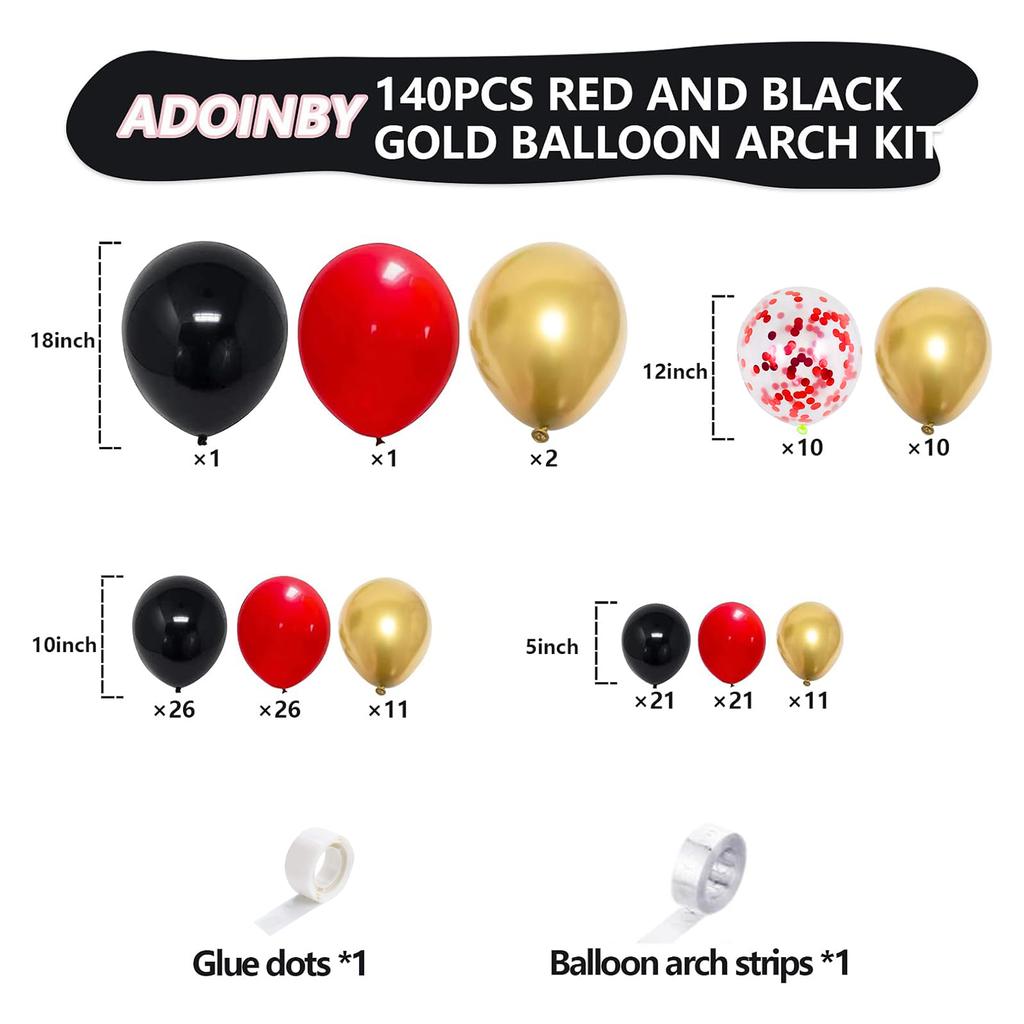 187/140pcs Red, Black, and Gold with Exploding Star Balloon Arch Set, Suitable for Birthday and Christmas Decoration