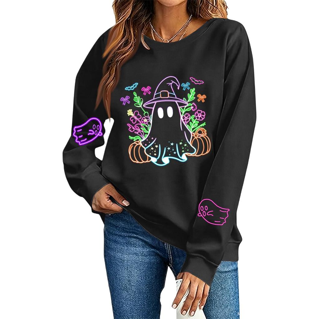 Women's Long Sleeve Halloween Print Neck Sweatshirt Top for Fall Festive Wear