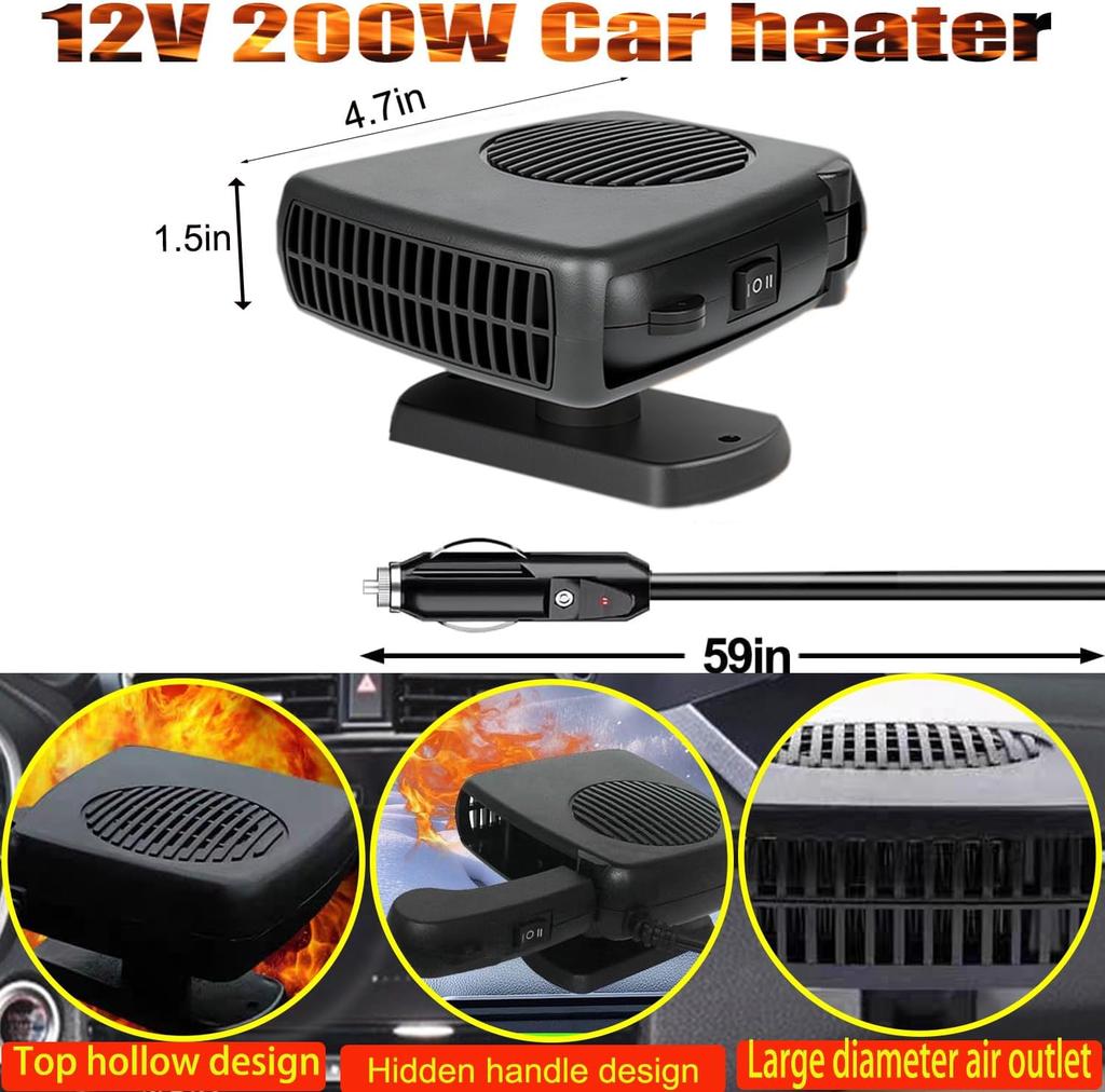 12V 200W Portable Car Heater with 360° Rotation, Dual Heating & Cooling Fan for Vehicle Windshield Defroster