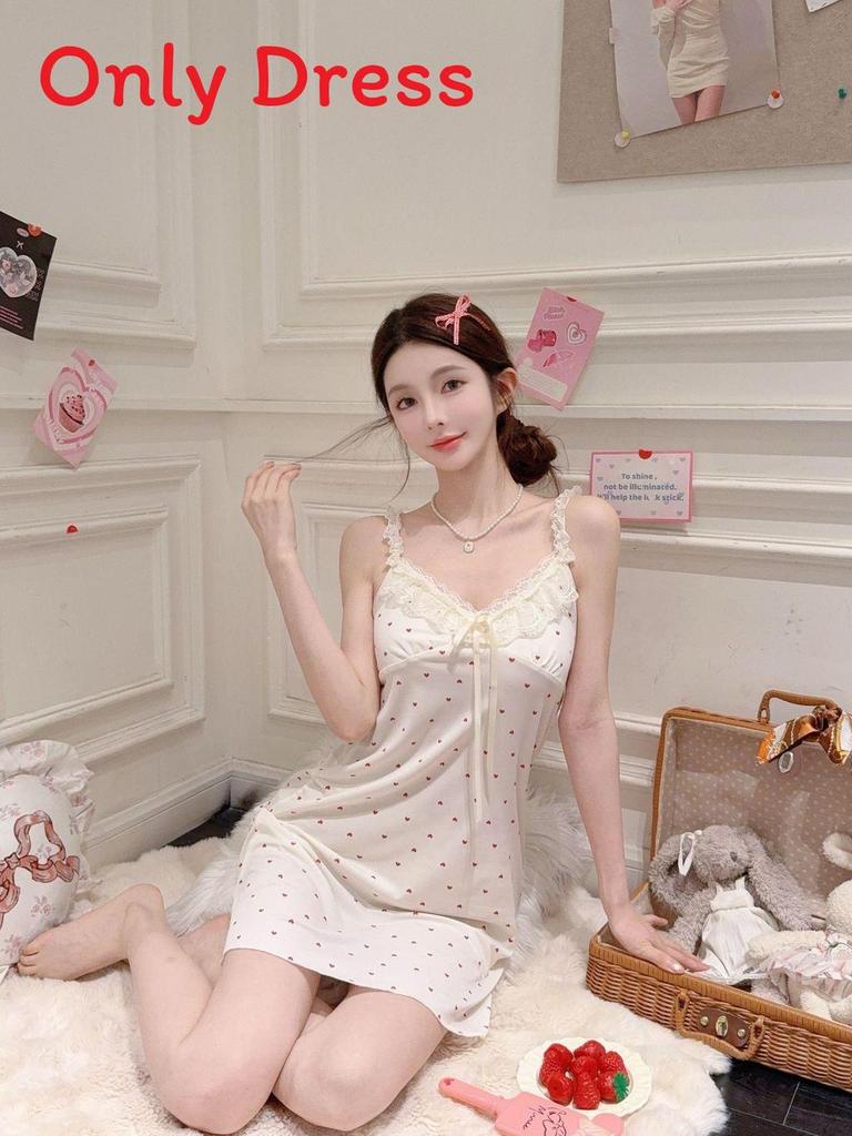 Ice Silk Sleep Dress For Women With Vneck Sleeveless Cute Heart Pattern Summer Nightwear