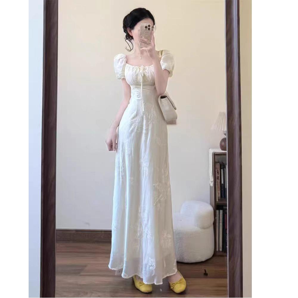 French first love pure square neck dress children's summer 2026 new waist temperament bubble sleeves fairy long dress