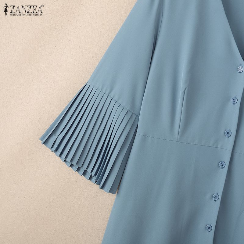 ZANZEA Women Casual V-Neck Solid Color 3/4 Sleeve Pleated Dress