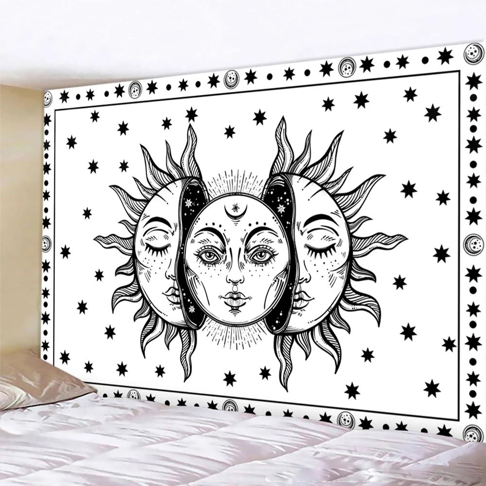 VIKAMA Black and White Sun and Moon Tapestry Mysterious Mandala Wall Hanging Meditation Room psychedelic Witchcraft Decoration