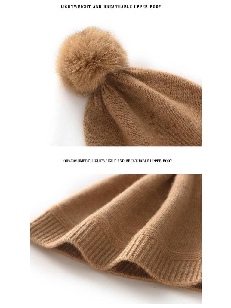 Women's Winter Cashmere Hat with Fox Fur Pom-Pom, Knitted Wool Ear Protection, Slimming and Warm Postpartum Design
