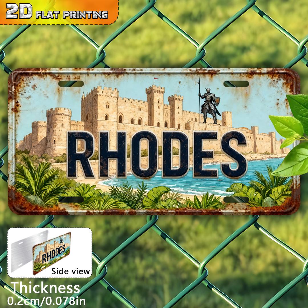 

2D Flat, 1pc Vintage Aluminum Sign - Rhodes Medieval Castle Scene with Knight & Castle , Greek Island History Art 15x30cm(5.9x7.8inch)