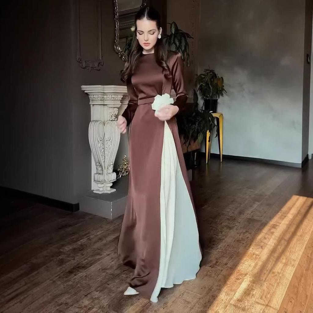 European Autumn Color Block Long Sleeve Pleated Slim Fit Dress with Waist Tie