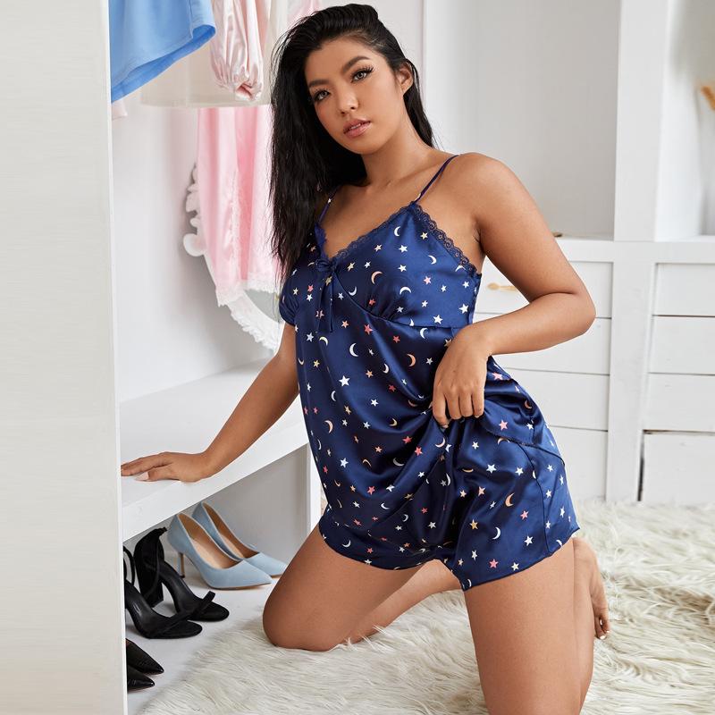 Sling Lace Sexy Pajamas Set for Women Print V-neck Loose Top Shorts Breathable Soft Sleepwear Set Summer Casual Lightweight Comfortable Plus Home Set