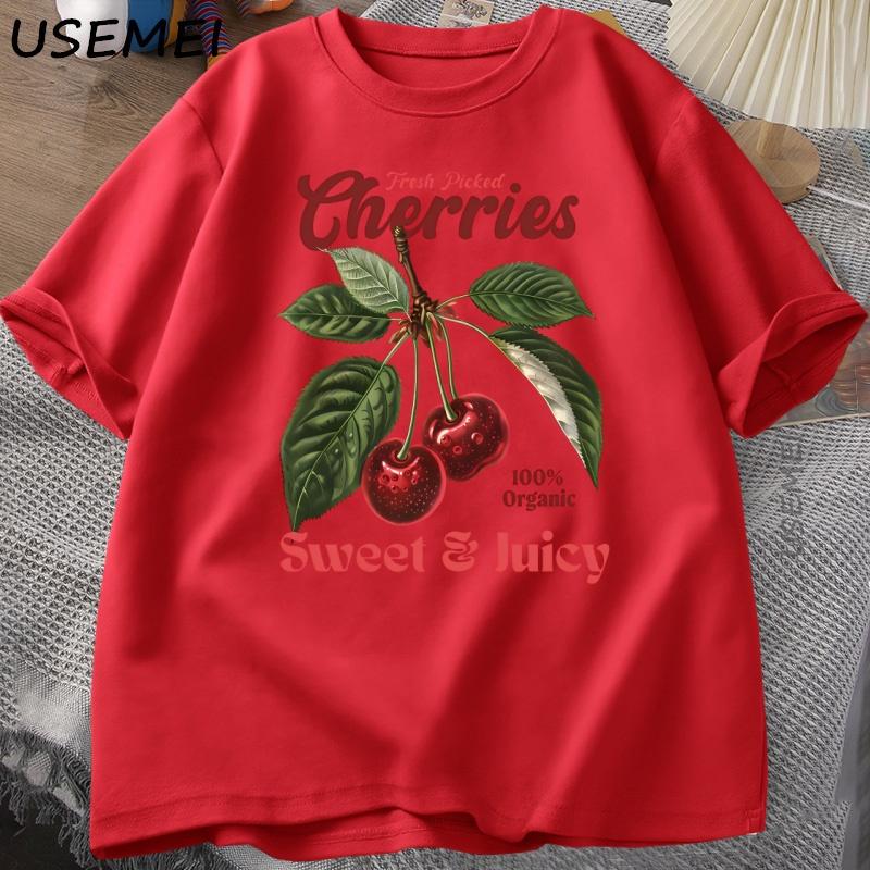 

Retro Cherries TShirt Women Unisex Cherry TShirts Cotton Y2k Style T Shirt Summer Short Sleeve Round Neck Tees Unisexs Clothing S