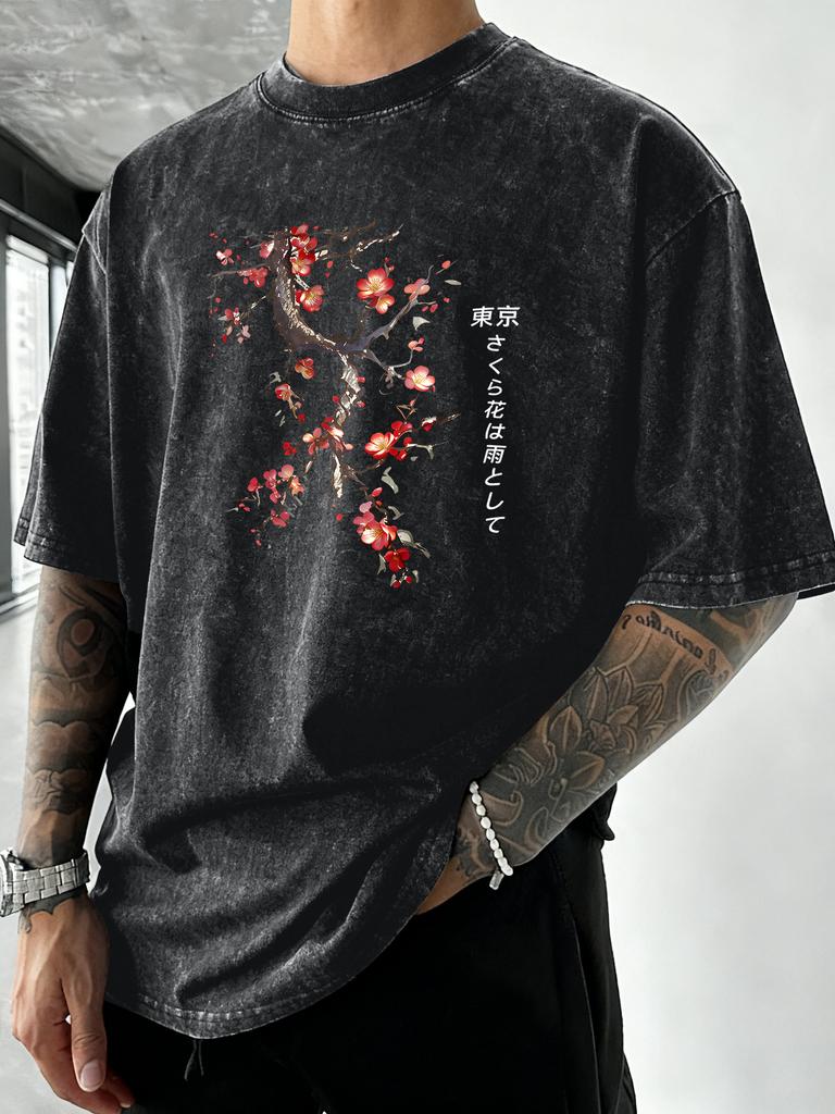 Harajuku Tokyo Stampa Fiori di Ciliegio T-shirt Lavate Uomo Traspirante Girocollo T-shirt Cotone Vacanza Manica Corta Casual Abbigliamento Sportivo